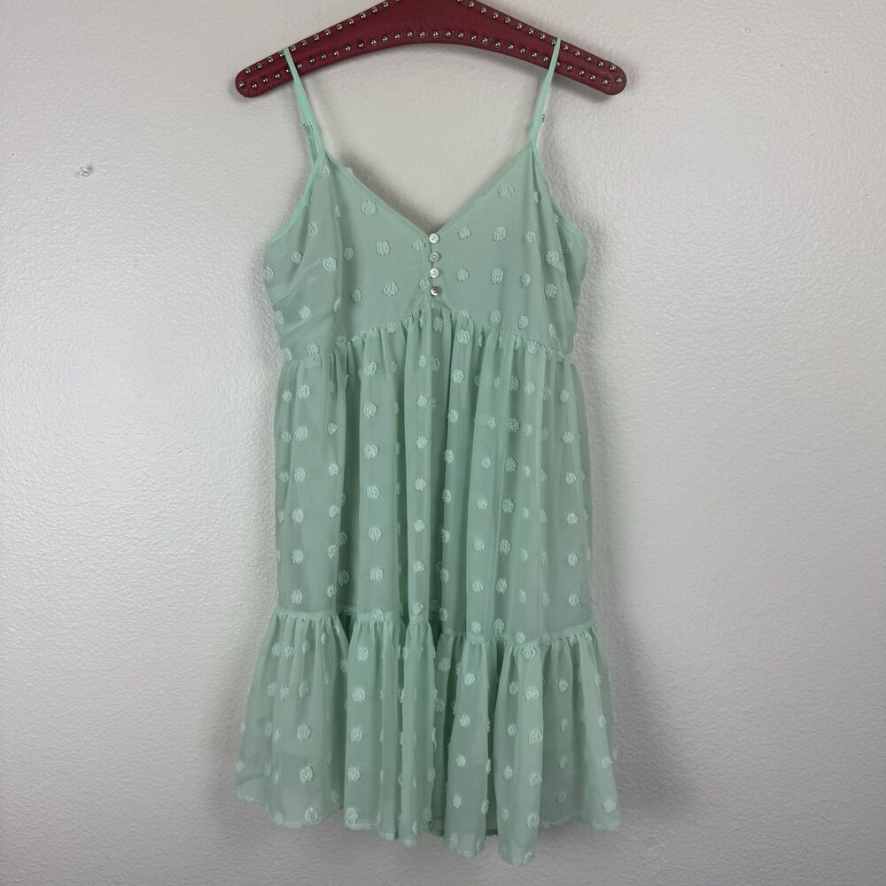 Entro Swiss Dot V-Neck Mini Babydoll Slip Dress Pastel Mint Green Small